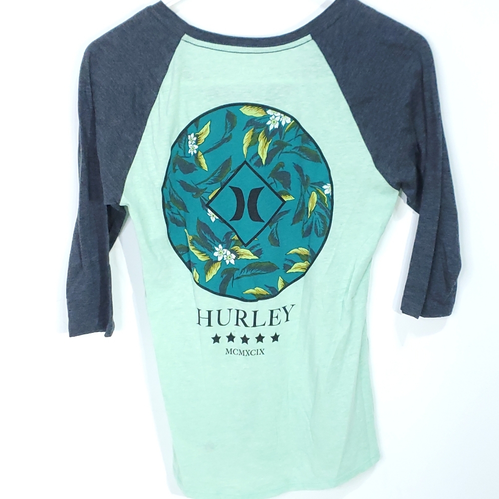 Hurley T-Shirt Women's Size Small 3/4 Sleeve Tropical Graphic Teal Gray